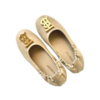 Burberry Beige Soft Leather Ballerina Shoes with Gold TB Logo
