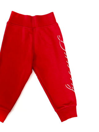 Burberry Red Unisex Jogger Pants with White Name Logo on one Leg