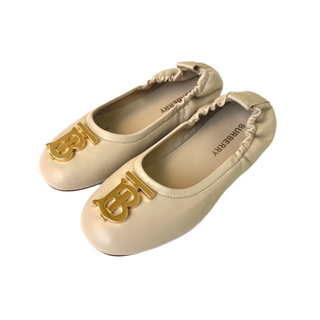 Burberry Beige Soft Leather Ballerina Shoes with Gold TB Logo