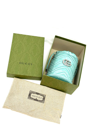 Gucci GG Marmont Silk Bucket Crystal Chain Bag Fabric Light Blue