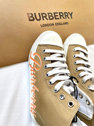 Burberry Orange High Cute Shoes with White Brand Name Logo