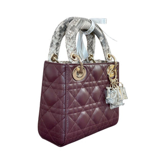 Christian Dior Limited Edition Lady Dior Mini Python Handle Quilted Leather Burgundy