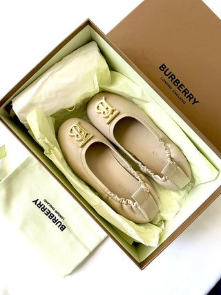 Burberry Beige Soft Leather Ballerina Shoes with Gold TB Logo