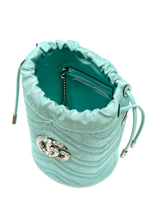Gucci GG Marmont Silk Bucket Crystal Chain Bag Fabric Light Blue