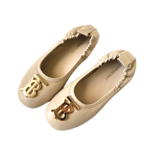 Burberry Beige Soft Leather Ballerina Shoes with Gold TB Logo