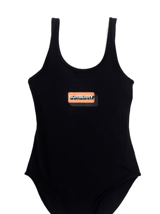 Burberry Black Swimsuit with Orange Brand Name Logo Print