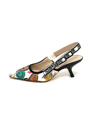 Dior Floral Canvas Leather Slingback Heels
