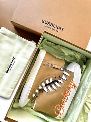 Burberry Orange High Cute Shoes with White Brand Name Logo