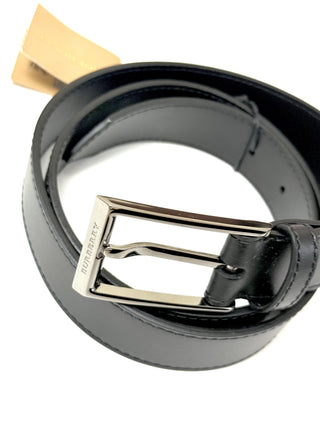 Burberry Black Leather Belt with Long Silver Branded Buckle