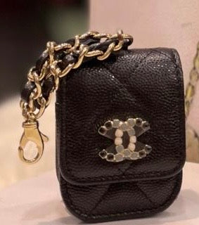 Chanel Black Caviar Quilted Crystal CC Airpod Case