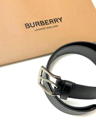 Burberry Black Leather Belt with branded Silver Buckle