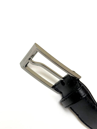 Burberry Black Leather Belt with Long Silver Branded Buckle