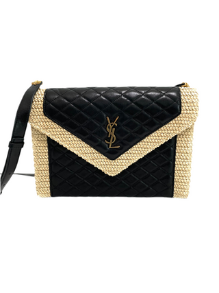 YSL Cream Raffia Black Leather Bag