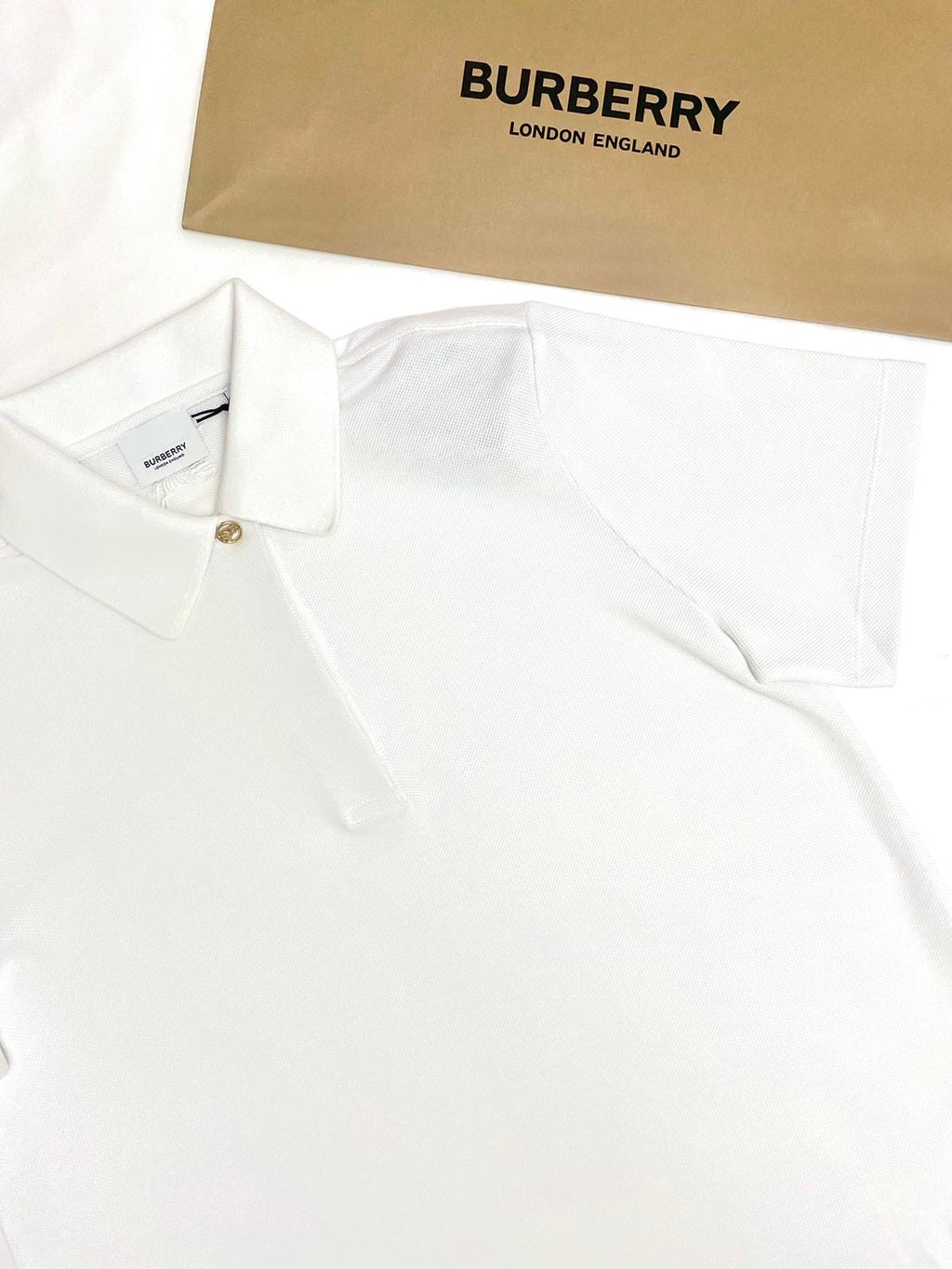 Burberry White Polo Shirt with Branded Gold Button and Horse - Main Image