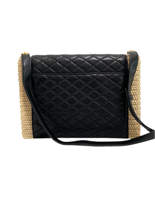 YSL Cream Raffia Black Leather Bag
