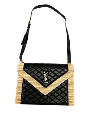 YSL Cream Raffia Black Leather Bag