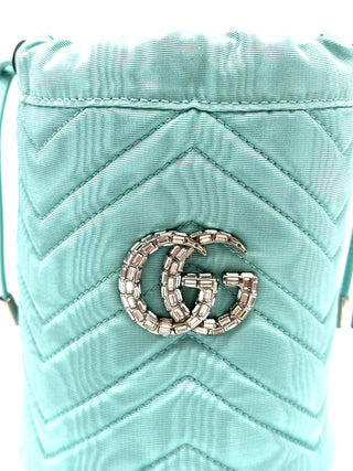 Gucci GG Marmont Silk Bucket Crystal Chain Bag Fabric Light Blue