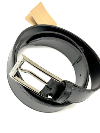 Burberry Black Leather Belt with Long Silver Branded Buckle
