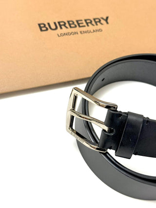 Burberry Black Leather Belt with branded Silver Buckle