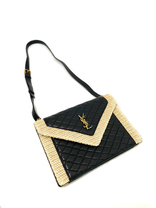 YSL Cream Raffia Black Leather Bag