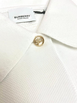 Burberry White Polo Shirt with Branded Gold Button and Horse Embroidery in the back