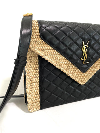 YSL Cream Raffia Black Leather Bag