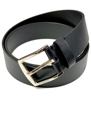 Burberry Black Leather Belt with branded Silver Buckle