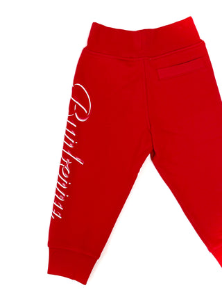 Burberry Red Unisex Jogger Pants with White Name Logo on one Leg
