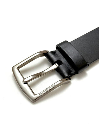Burberry Black Leather Belt with branded Silver Buckle
