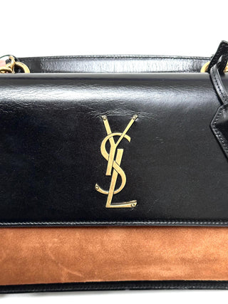 Saint Laurent Sunset Black Calfskin and Brown Suede Top Handle