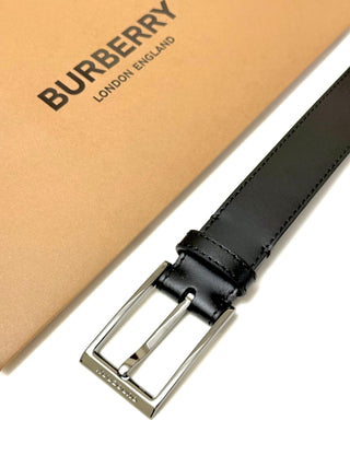 Burberry Black Leather Belt with Long Silver Branded Buckle