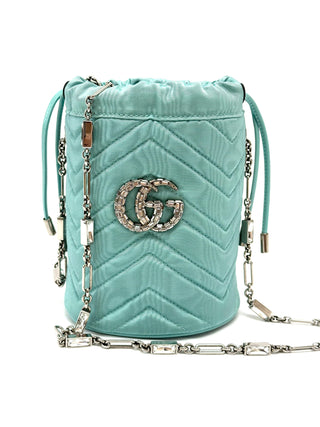 Gucci GG Marmont Silk Bucket Crystal Chain Bag Fabric Light Blue