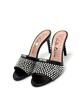Moschino Limited Edition 85 Crystal Embellished Mules Black