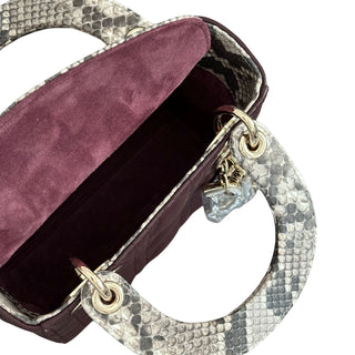 Christian Dior Limited Edition Lady Dior Mini Python Handle Quilted Leather Burgundy