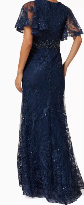 Mac Dugal Embellished Butterfly Sleeve Gown in Tulle Navy