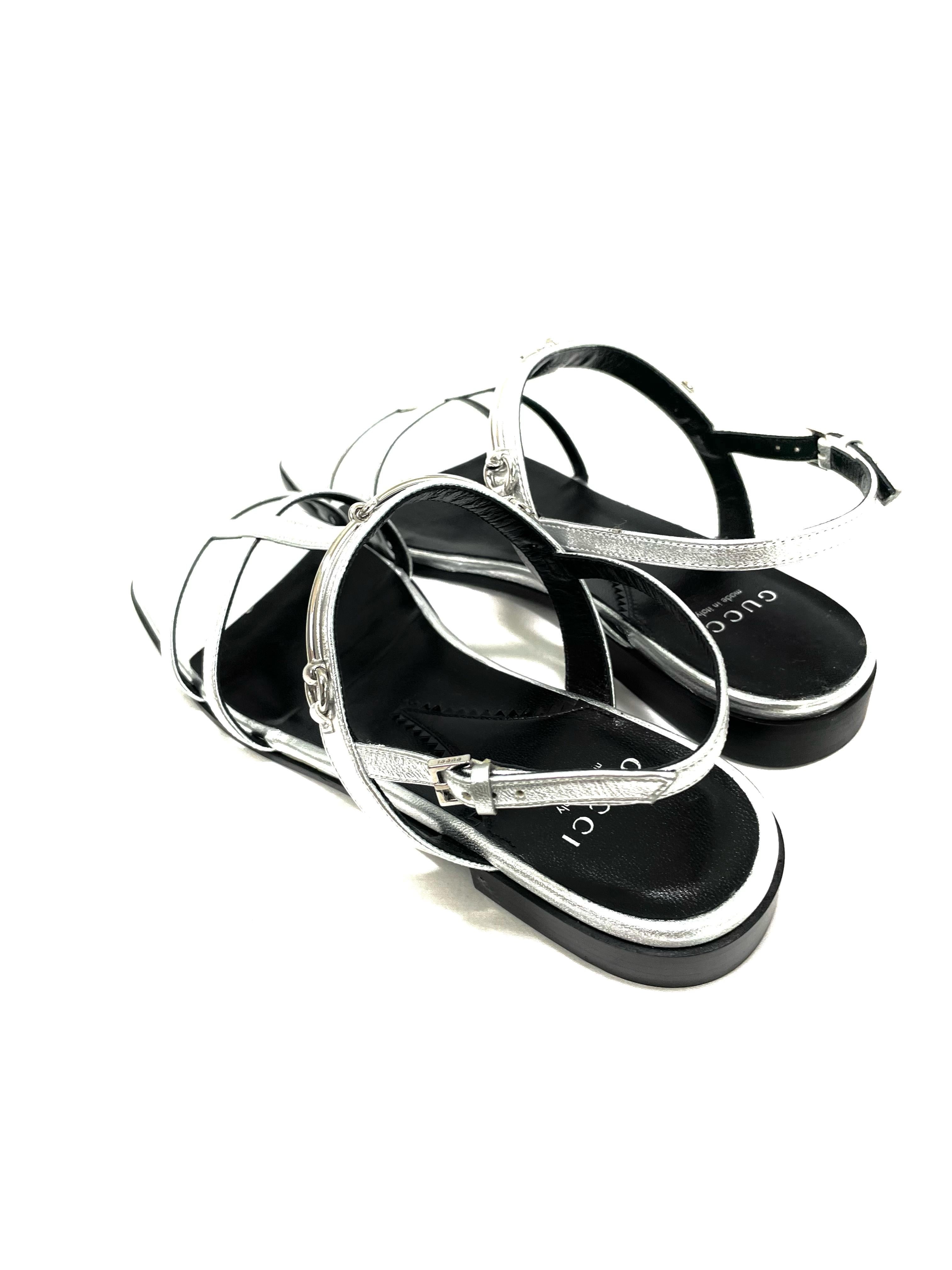 Gucci Silver Horsebite Flat Sandals