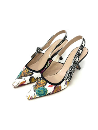 Dior Floral Canvas Leather Slingback Heels