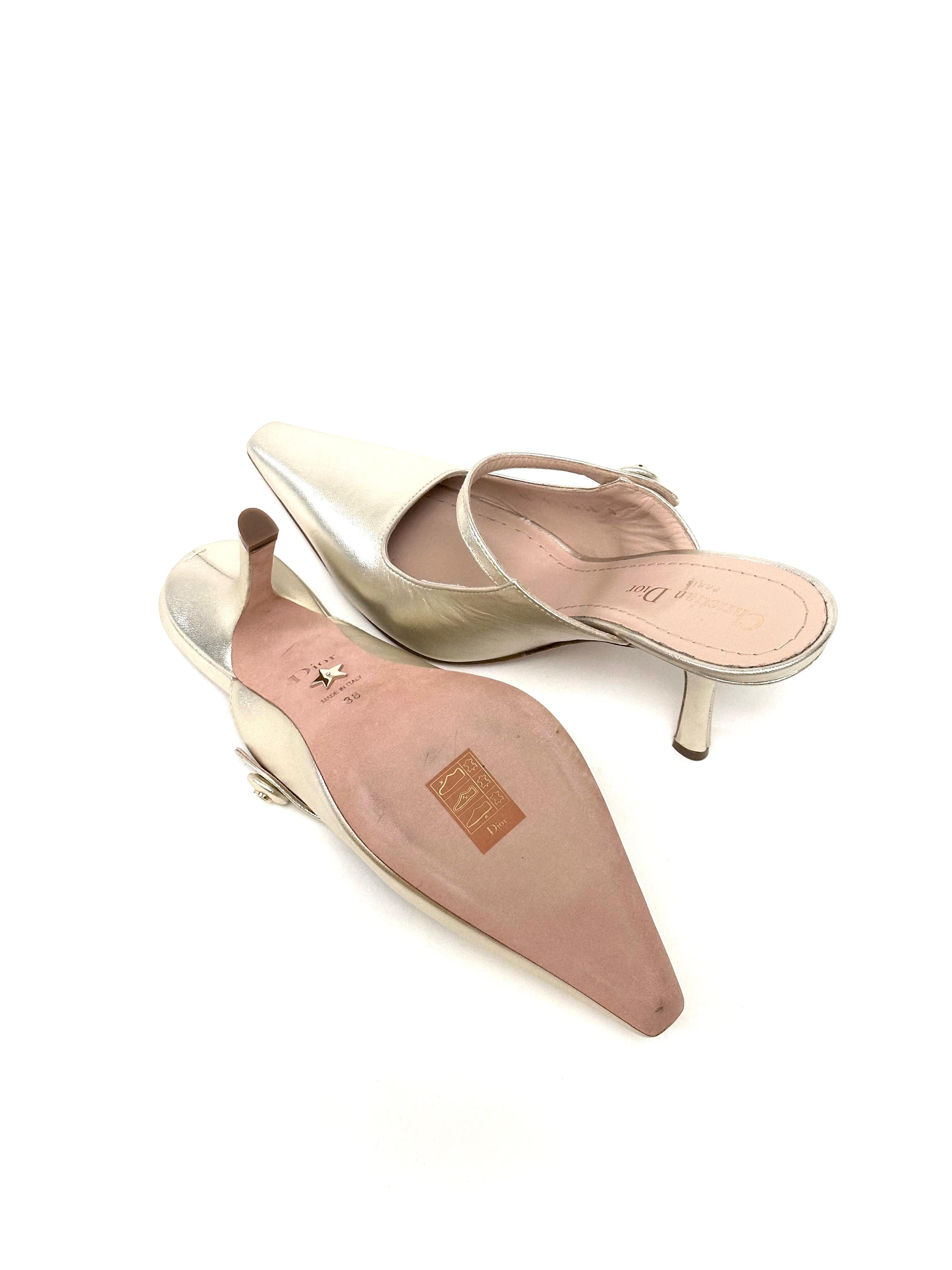 Dior Heeled Mule Gold Tone Metallic Lambskin
