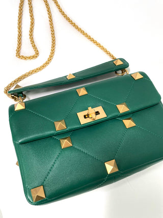 Valentino Green Leather Bag Top Handle Gold Chain