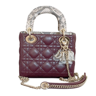 Christian Dior Limited Edition Lady Dior Mini Python Handle Quilted Leather Burgundy