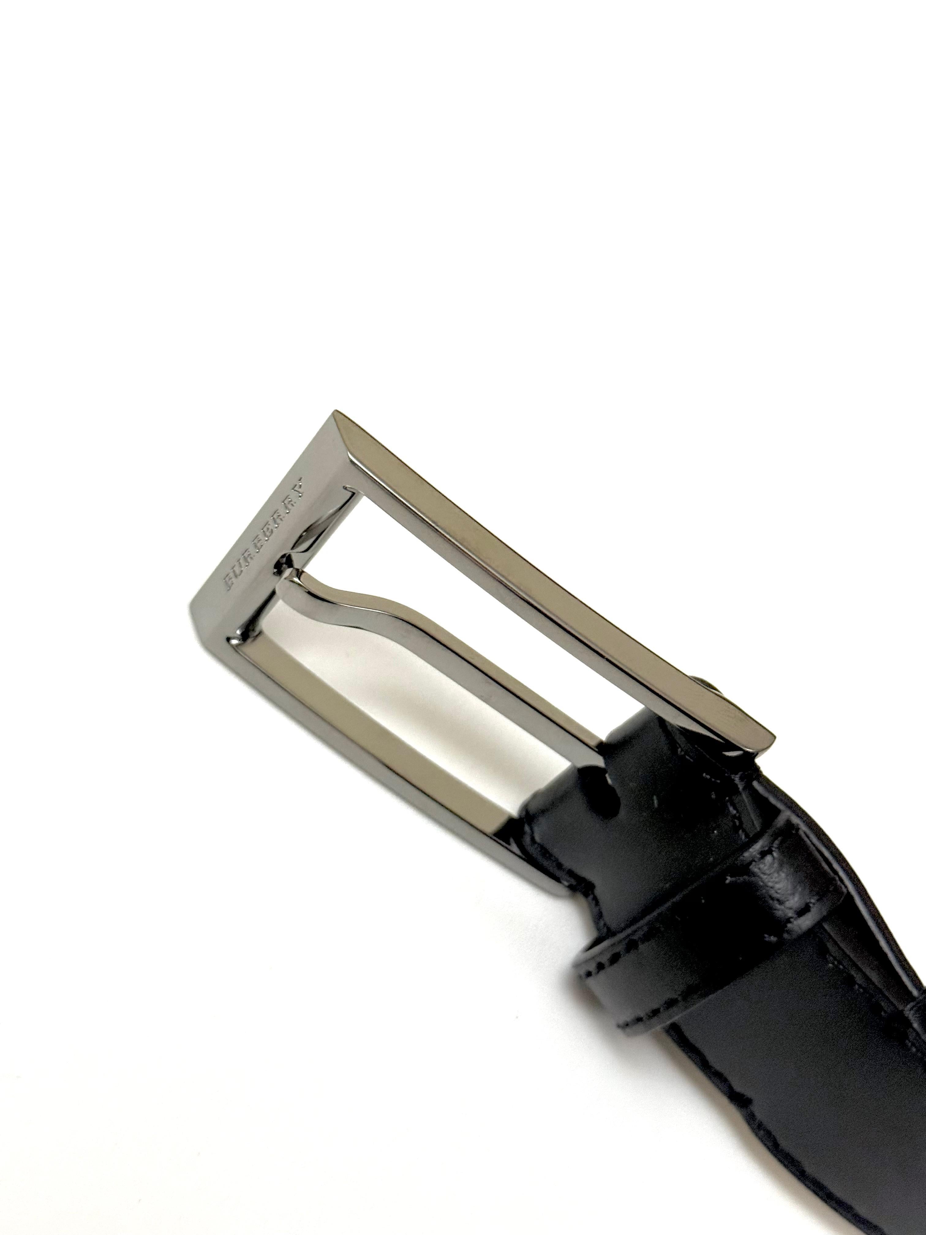 Burberry Black Leather Belt with Long Silver Branded Buckle