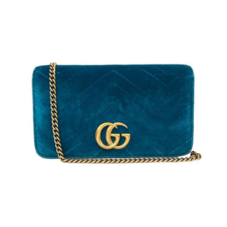 Gucci Velvet Mini Matellase GG Marmont Pavone Cyan