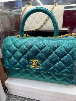 Chanel Metallic Green Quilted Leather Caviar Small Coco Top Handle