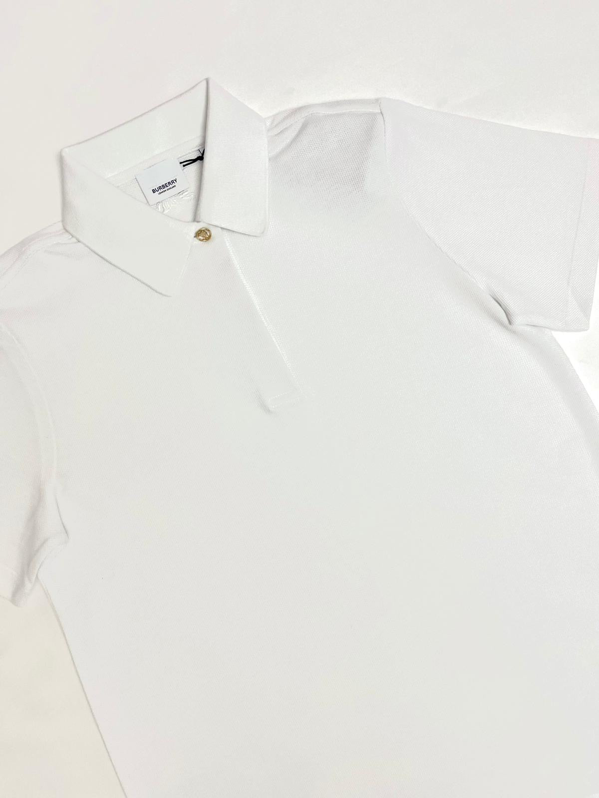 Burberry White Polo Shirt with Branded Gold Button and Horse Embroidery in the back