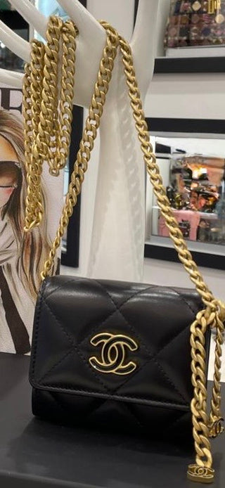 Chanel Quilted Lambskin Leather CC Enamel Card Holder with Chain