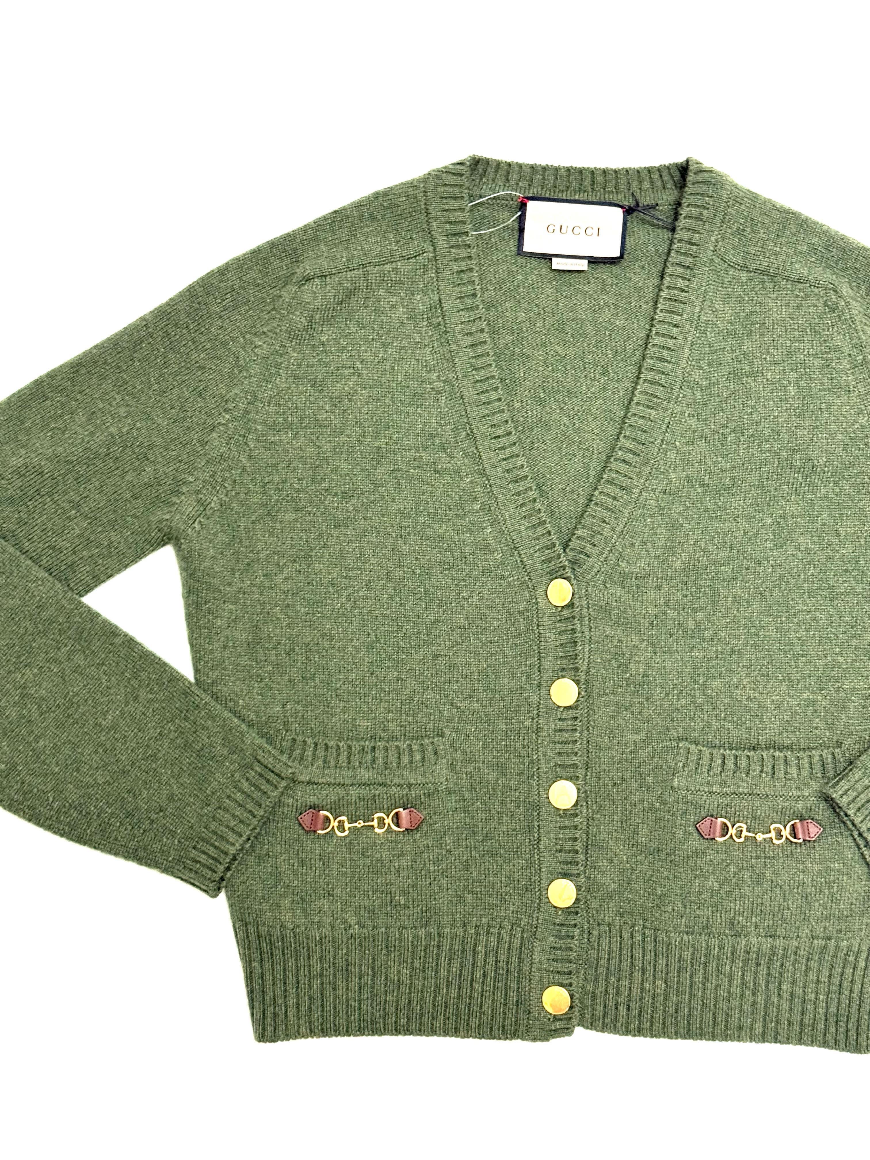 Gucci Green 100% Cashmere Cardigan with Iconic Horsebit
