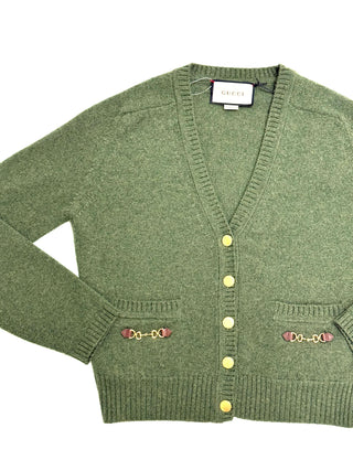 Gucci Green 100% Cashmere Cardigan with Iconic Horsebit