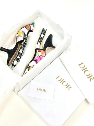 Dior Floral Canvas Leather Slingback Heels