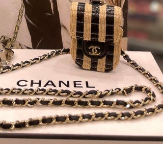Chanel Black Beige Rafia Jute Striped Airpod Case