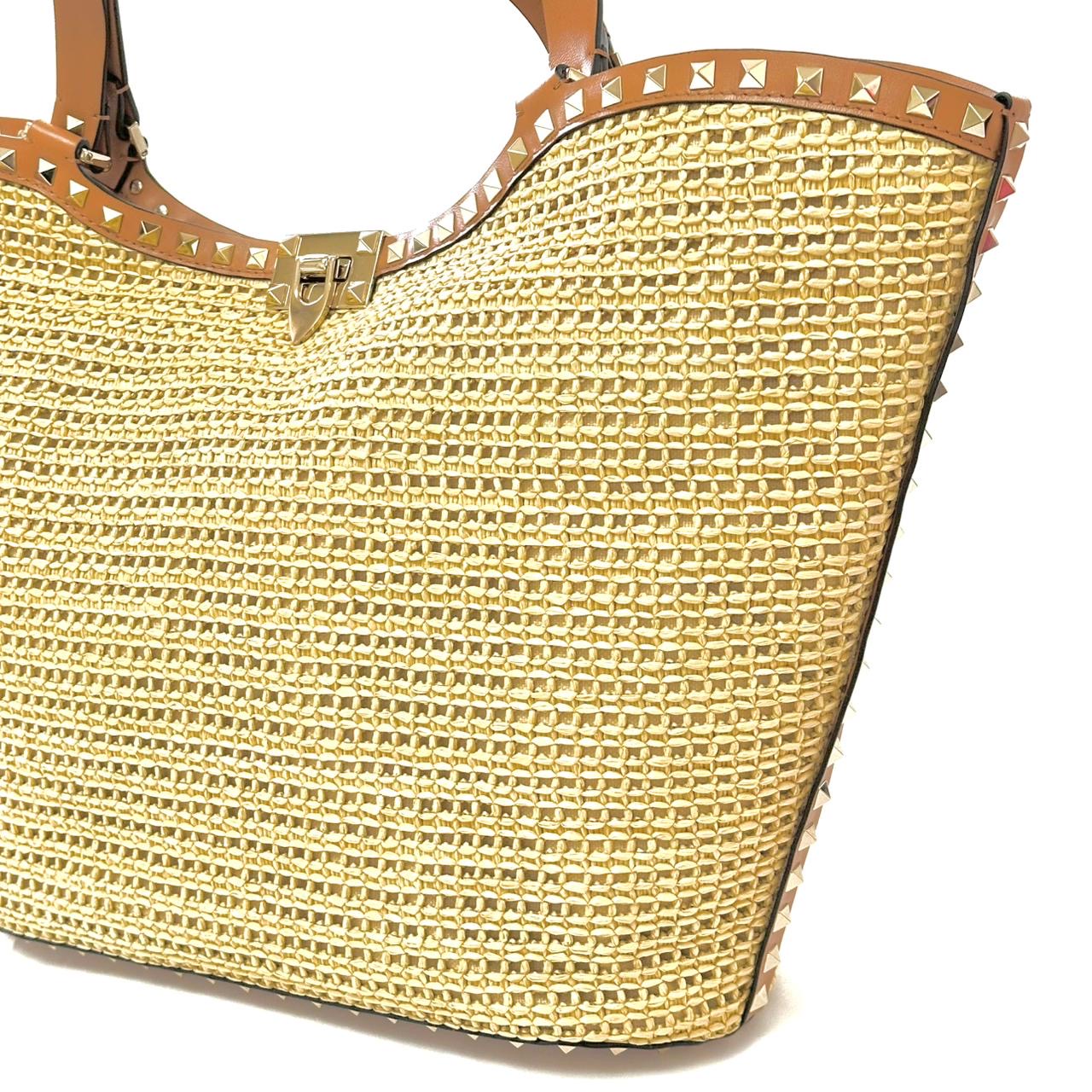 Valentino Garavani Rockstud Leather Trimmed Raffia Tote Bag Large